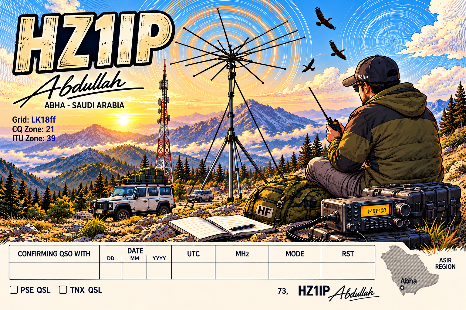 HZ1IP Abdullah amateur radio QSL card — Abha, Saudi Arabia